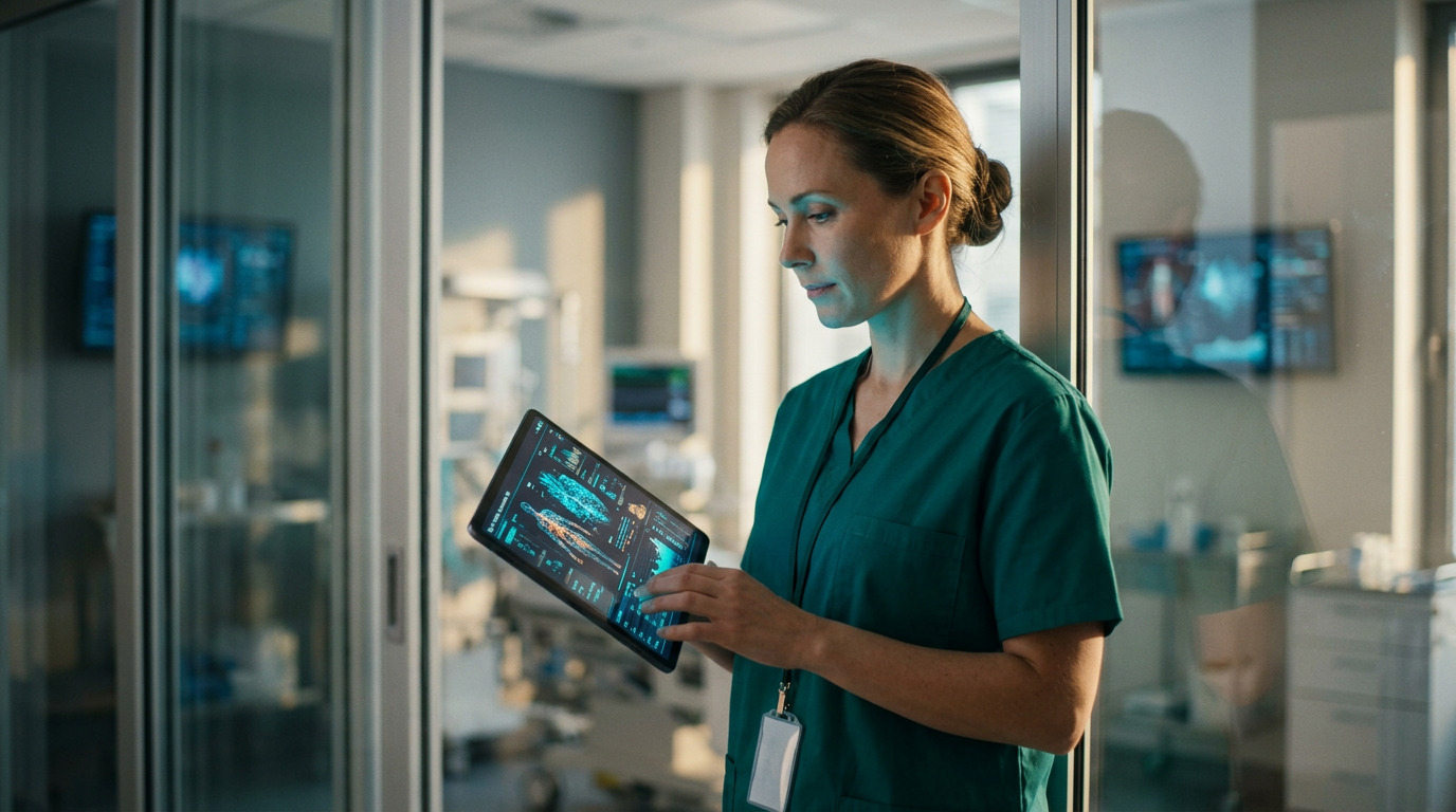 Nurse in green scrubs reviewing patient data on a tablet