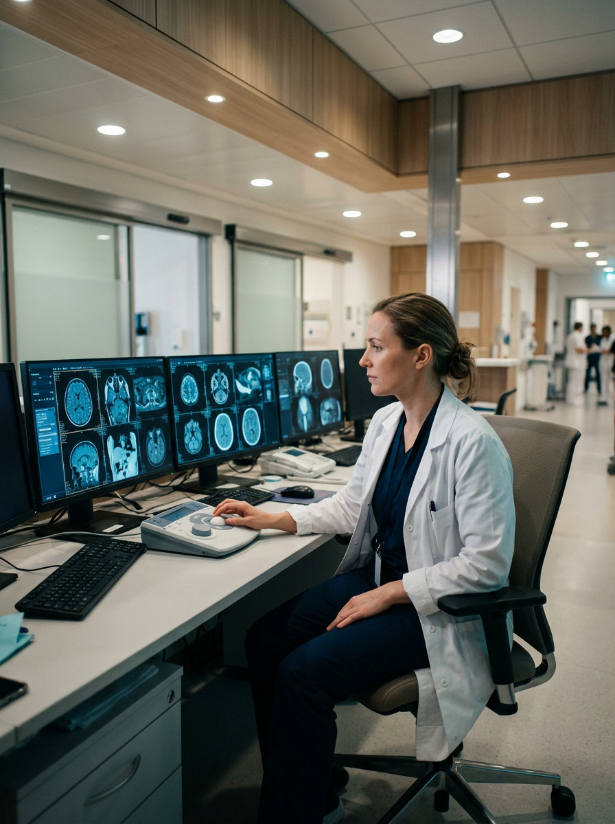 Radiologist in a white coat reviewing brain scans on multiple monitors